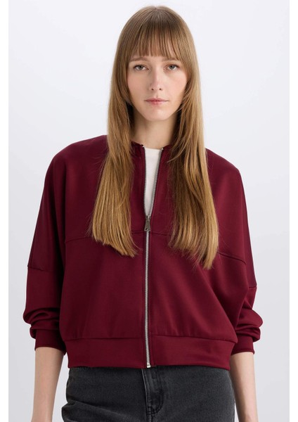 Regular Fit Kolej Yaka Fermuarlı Cepli Basic Düz Bomber Hırka E3952AX24WN