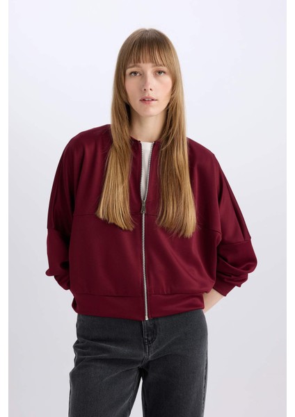 Regular Fit Kolej Yaka Fermuarlı Cepli Basic Düz Bomber Hırka E3952AX24WN
