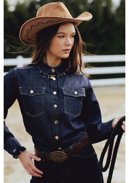 Regular Fit Cepli Düğmeli Jean Gömlek E4064AX24WN