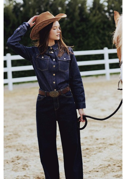 Regular Fit Cepli Düğmeli Jean Gömlek E4064AX24WN