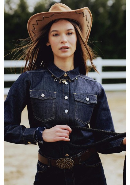 Regular Fit Cepli Düğmeli Jean Gömlek E4064AX24WN