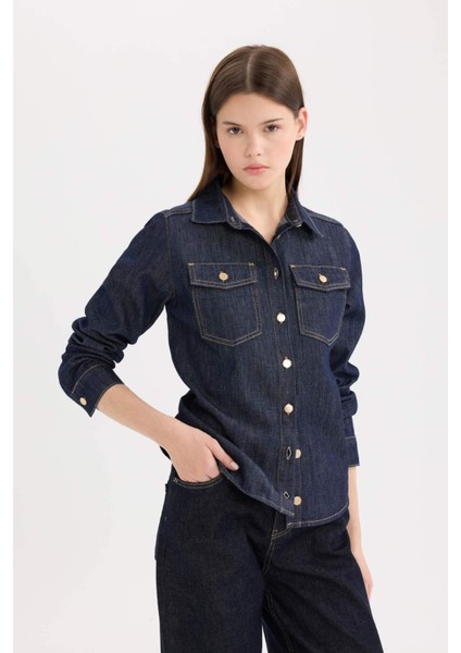 Regular Fit Cepli Düğmeli Jean Gömlek E4064AX24WN
