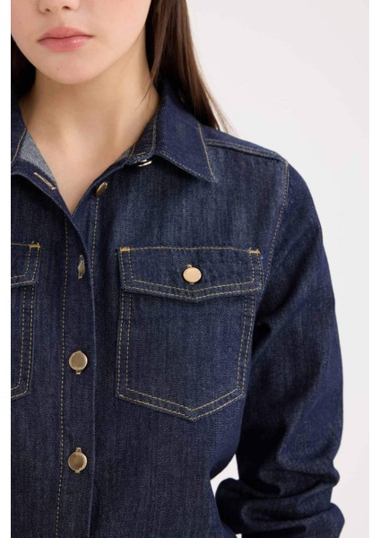 Regular Fit Cepli Düğmeli Jean Gömlek E4064AX24WN