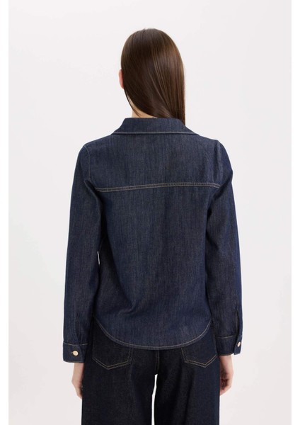 Regular Fit Cepli Düğmeli Jean Gömlek E4064AX24WN