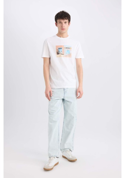 %100 Pamuk Regular Fit Bisiklet Yaka Baskılı Kısa Kollu Tişört E0584AX25SM