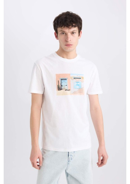 %100 Pamuk Regular Fit Bisiklet Yaka Baskılı Kısa Kollu Tişört E0584AX25SM