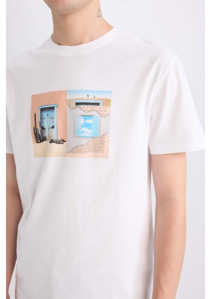 %100 Pamuk Regular Fit Bisiklet Yaka Baskılı Kısa Kollu Tişört E0584AX25SM