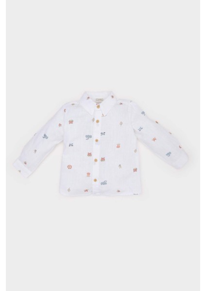 Erkek Bebek Hayvan Desenli Flamlı Poplin Uzun Kollu Gömlek E2009A525SP
