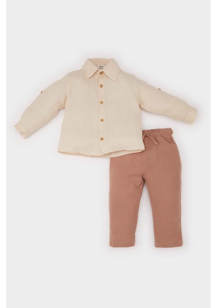 Erkek Bebek 2'li Takım Müslin Uzun Kollu Gömlek Beli Lastikli Alt E2013A525SP