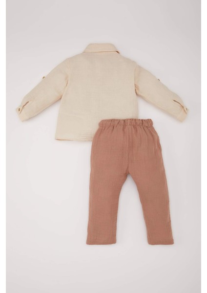 Erkek Bebek 2'li Takım Müslin Uzun Kollu Gömlek Beli Lastikli Alt E2013A525SP