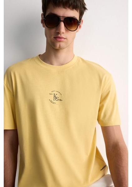 %100 Pamuk Boxy Fit Bisiklet Yaka Baskılı Kısa Kollu Tişört E0911AX25SM