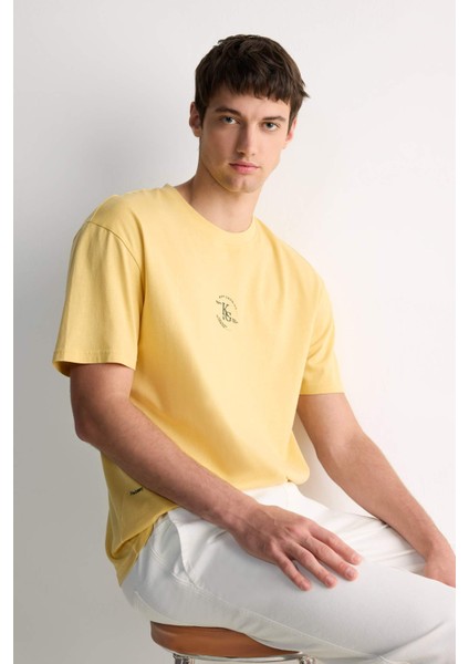 %100 Pamuk Boxy Fit Bisiklet Yaka Baskılı Kısa Kollu Tişört E0911AX25SM