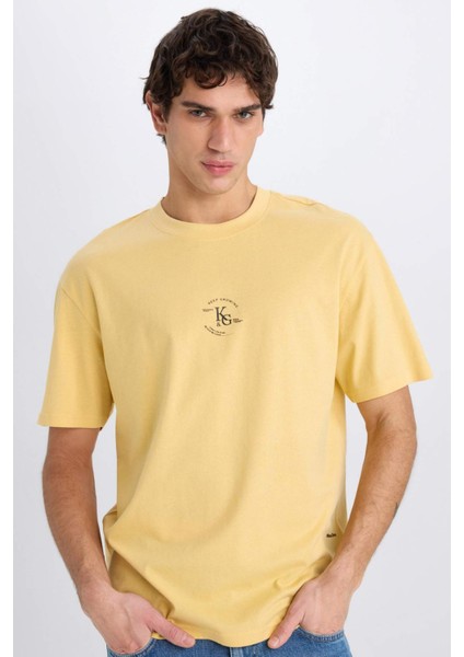 %100 Pamuk Boxy Fit Bisiklet Yaka Baskılı Kısa Kollu Tişört E0911AX25SM