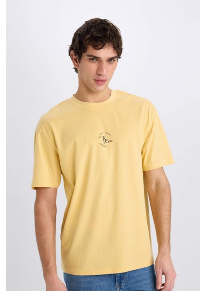 %100 Pamuk Boxy Fit Bisiklet Yaka Baskılı Kısa Kollu Tişört E0911AX25SM