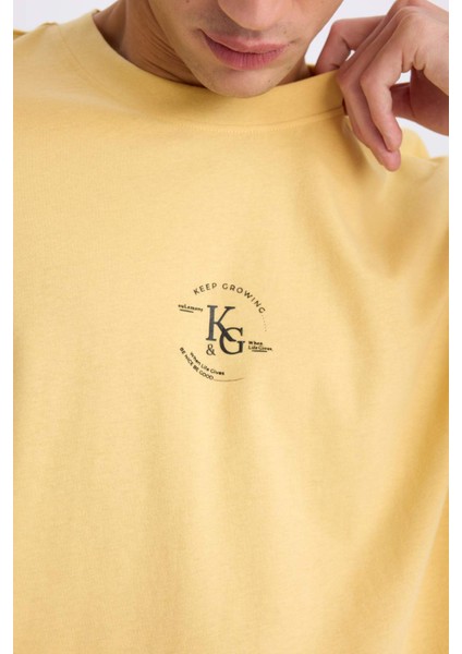 %100 Pamuk Boxy Fit Bisiklet Yaka Baskılı Kısa Kollu Tişört E0911AX25SM