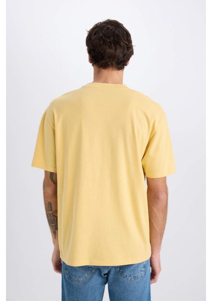 %100 Pamuk Boxy Fit Bisiklet Yaka Baskılı Kısa Kollu Tişört E0911AX25SM