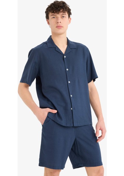 Relax Fit Polo Yaka Keten Karışımlı Kısa Kollu Gömlek D9882AX25AU