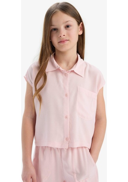 Kız Çocuk Cropped Fit Pamuklu Kısa Kollu Gömlek D7644A825SM