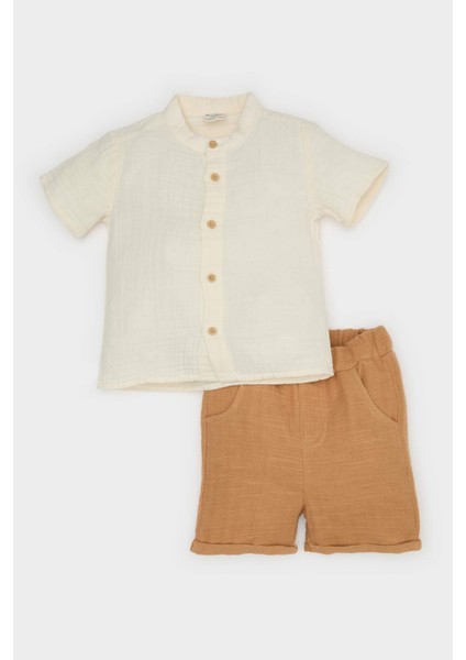 Erkek Bebek 2'li Takım Müslin Kısa Kollu Gömlek Beli Lastikli Şort