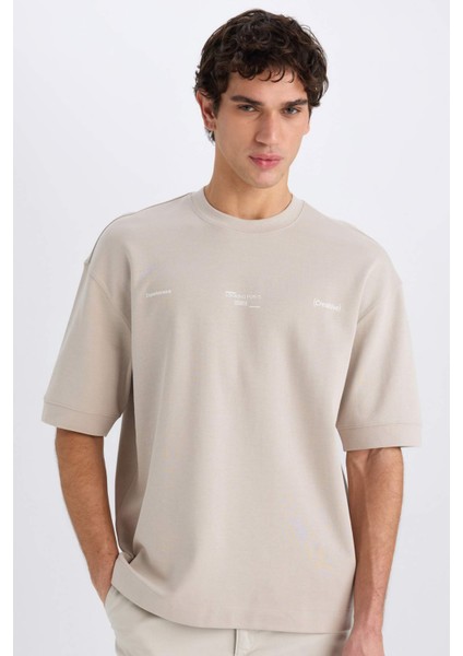 Loose Fit Bisiklet Yaka Baskılı Kısa Kollu Ağır Kumaş Tişört E0575AX25SM