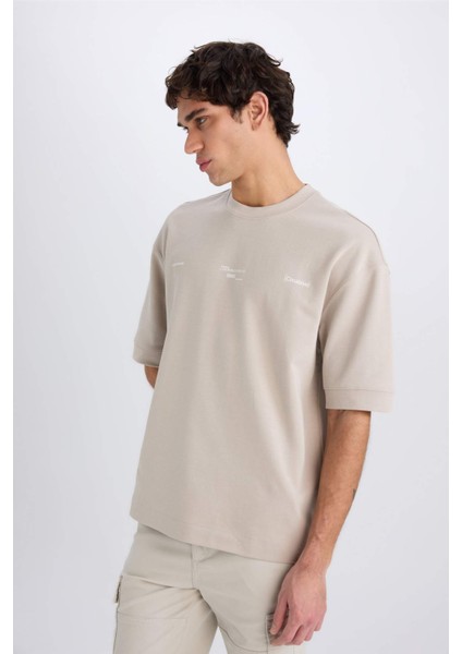 Loose Fit Bisiklet Yaka Baskılı Kısa Kollu Ağır Kumaş Tişört E0575AX25SM