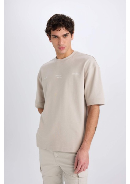 Loose Fit Bisiklet Yaka Baskılı Kısa Kollu Ağır Kumaş Tişört E0575AX25SM