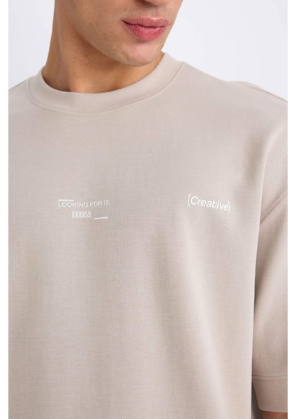 Loose Fit Bisiklet Yaka Baskılı Kısa Kollu Ağır Kumaş Tişört E0575AX25SM