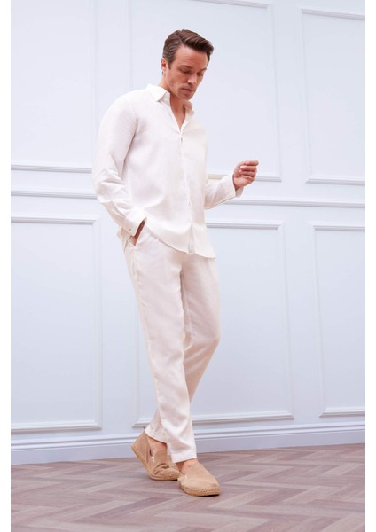 %100 Keten Regular Fit Polo Yaka Yazlık Basic Düz Uzun Kollu Beyaz Gömlek C1825AX25SM