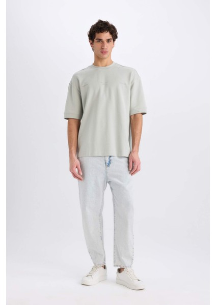 Loose Fit Bisiklet Yaka Baskılı Kısa Kollu Ağır Kumaş Tişört E0575AX25SM