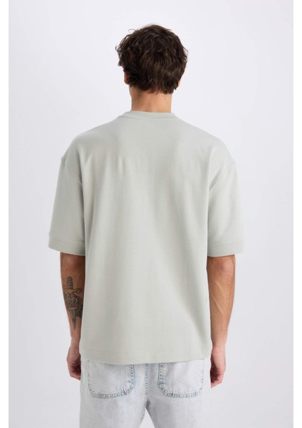 Loose Fit Bisiklet Yaka Baskılı Kısa Kollu Ağır Kumaş Tişört E0575AX25SM