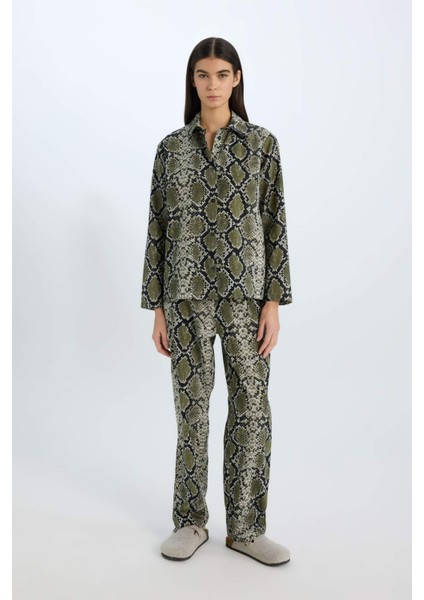 Pijama Takım Poplin Yılan Derisi Desenli Uzun Kollu Üst Beli Lastikli Uzun Alt-Fall in Love E3849AX24WN