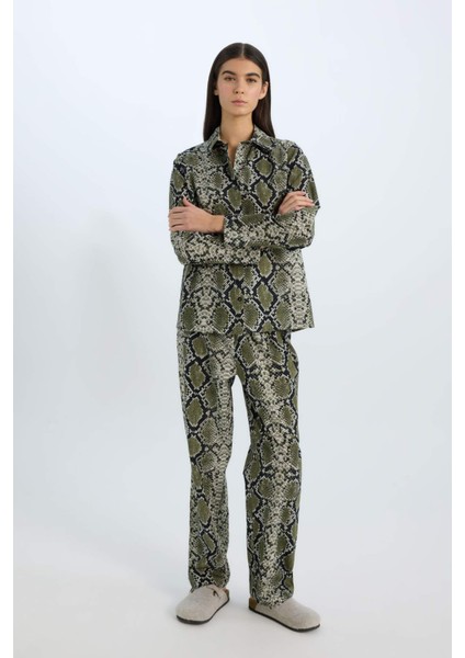 Pijama Takım Poplin Yılan Derisi Desenli Uzun Kollu Üst Beli Lastikli Uzun Alt-Fall in Love E3849AX24WN