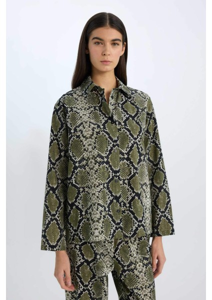 Pijama Takım Poplin Yılan Derisi Desenli Uzun Kollu Üst Beli Lastikli Uzun Alt-Fall in Love E3849AX24WN