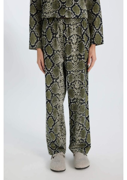 Pijama Takım Poplin Yılan Derisi Desenli Uzun Kollu Üst Beli Lastikli Uzun Alt-Fall in Love E3849AX24WN