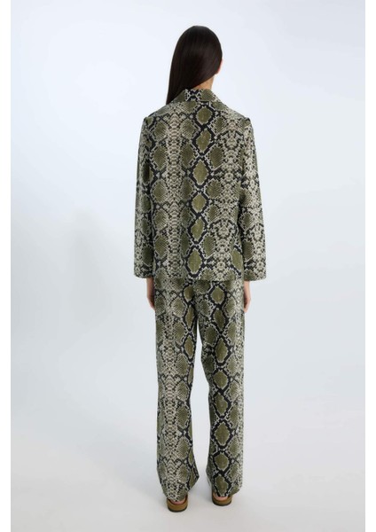 Pijama Takım Poplin Yılan Derisi Desenli Uzun Kollu Üst Beli Lastikli Uzun Alt-Fall in Love E3849AX24WN