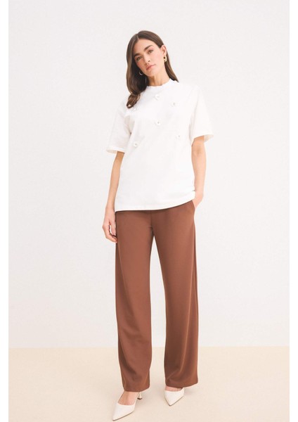 Relax Fit Bisiklet Yaka Basic Düz Kısa Kollu Nakışlı Tesettür Tişört Tunik E1948AX25SP