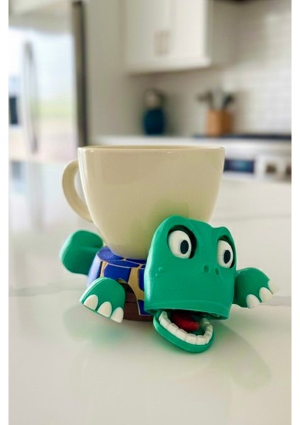 Sevimli Kaplumbağa Bardak Altlığı – Hareketli ve Eğlenceli Kupa Altlığı (Mavi - Sütlükahve Çizgili)