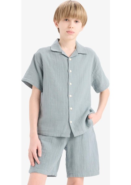 Erkek Çocuk Oversize Geniş Kalıp Polo Yaka Müslin Kısa Kollu Gömlek W3239A625HS