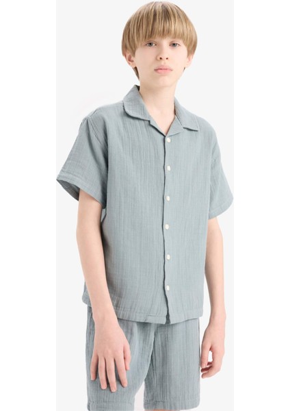 Erkek Çocuk Oversize Geniş Kalıp Polo Yaka Müslin Kısa Kollu Gömlek W3239A625HS