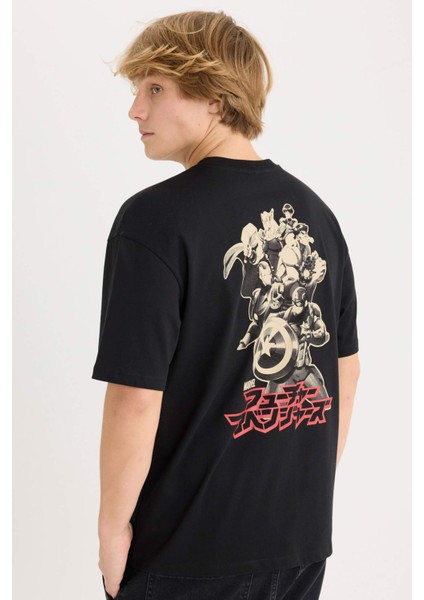 %100 Pamuk Marvel Boxy Fit Bisiklet Yaka Sırt Baskılı Kısa Kollu Tişört D6780AX25SP