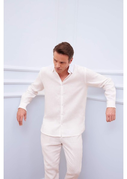 %100 Keten Regular Fit Polo Yaka Yazlık Basic Düz Uzun Kollu Beyaz Gömlek C1825AX25SM