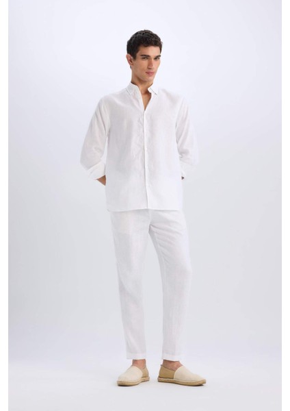 %100 Keten Regular Fit Polo Yaka Yazlık Basic Düz Uzun Kollu Beyaz Gömlek C1825AX25SM