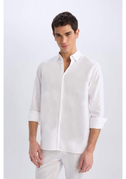 %100 Keten Regular Fit Polo Yaka Yazlık Basic Düz Uzun Kollu Beyaz Gömlek C1825AX25SM