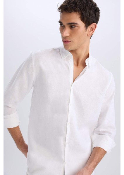 %100 Keten Regular Fit Polo Yaka Yazlık Basic Düz Uzun Kollu Beyaz Gömlek C1825AX25SM