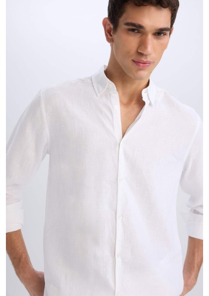 %100 Keten Regular Fit Polo Yaka Yazlık Basic Düz Uzun Kollu Beyaz Gömlek C1825AX25SM