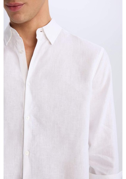 %100 Keten Regular Fit Polo Yaka Yazlık Basic Düz Uzun Kollu Beyaz Gömlek C1825AX25SM