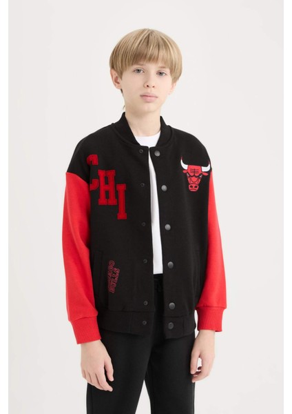 Erkek Çocuk NBA Chicago Bulls Kolej Yaka Çıtçıtlı Sırt Baskılı Bomber Ceket D9556A825SP