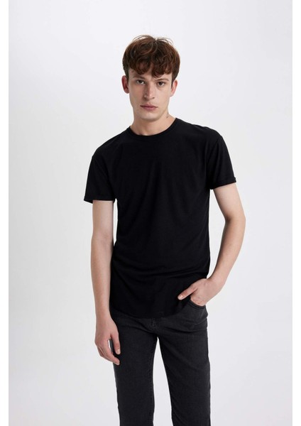 Long Muscle Fit Bisiklet Yaka Basic Düz Kısa Kollu Siyah Tişört N2104AZ25SP