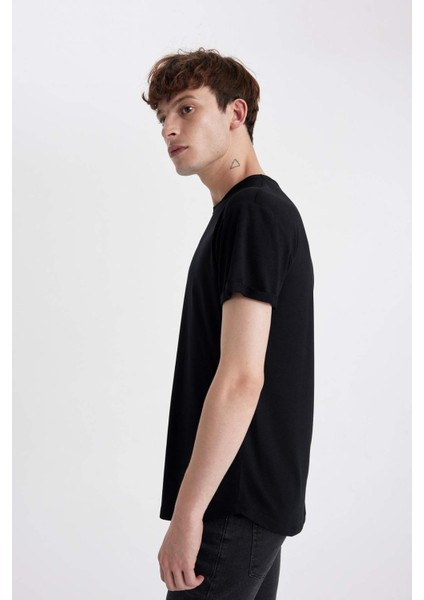 Long Muscle Fit Bisiklet Yaka Basic Düz Kısa Kollu Siyah Tişört N2104AZ25SP