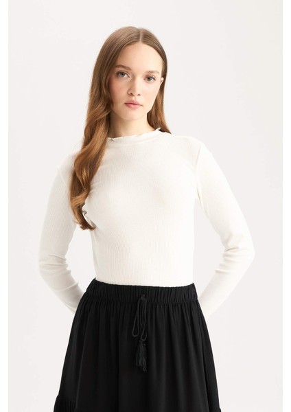 Yarım Balıkçı Yaka Fitilli Kaşkorse Uzun Kollu Tesettür Tişört Tunik B2389AX25SP